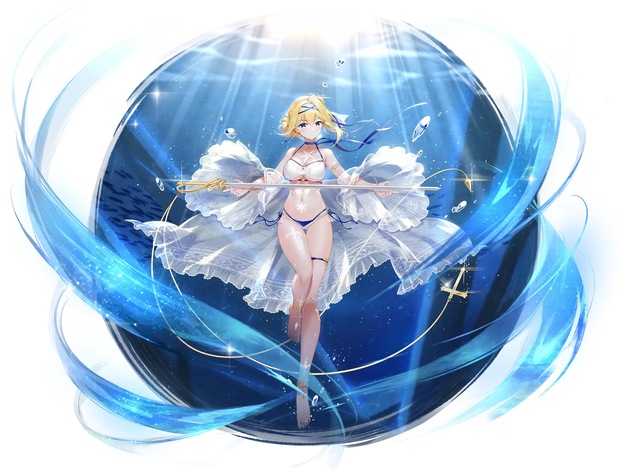 Illustration du skin : "Saintess of the Sea" du personnage de Jeanne d'Arc, le croiseur léger de la faction Iris Libre, dessinée par mayag_nya (瑪雅G) et disponible dans le jeu "Azur Lane".
