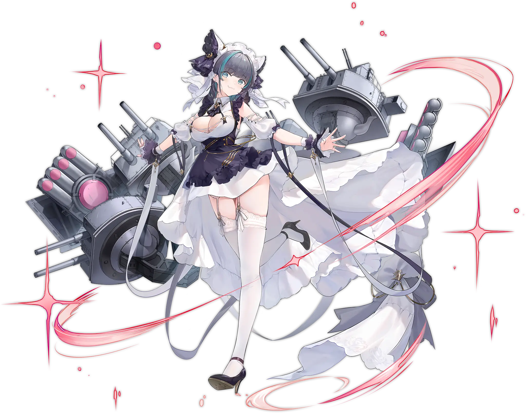 Illustration du skin par défaut du personnage de Cheshire, Croiseur lourd de la faction Royal Navy, dessinée par 全班最菜嘤嘤嘤 (Zelda10010) et disponible dans le jeu "Azur Lane".
