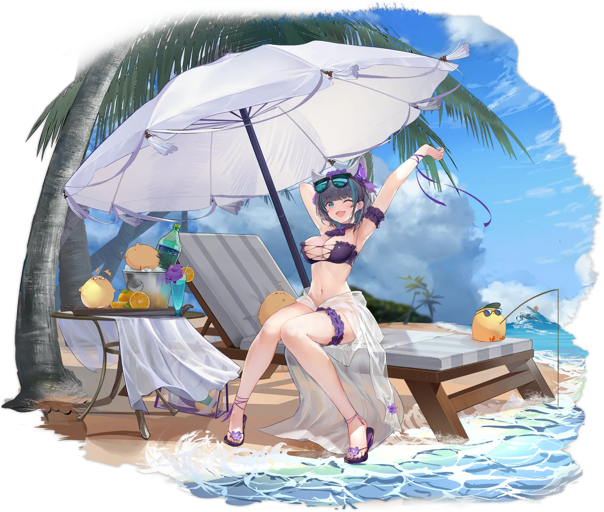 Illustration du skin "Summery Date!" personnage de Cheshire, Croiseur lourd de la faction Royal Navy, dessinée par 全班最菜嘤嘤嘤 (Zelda10010) et disponible dans le jeu "Azur Lane".