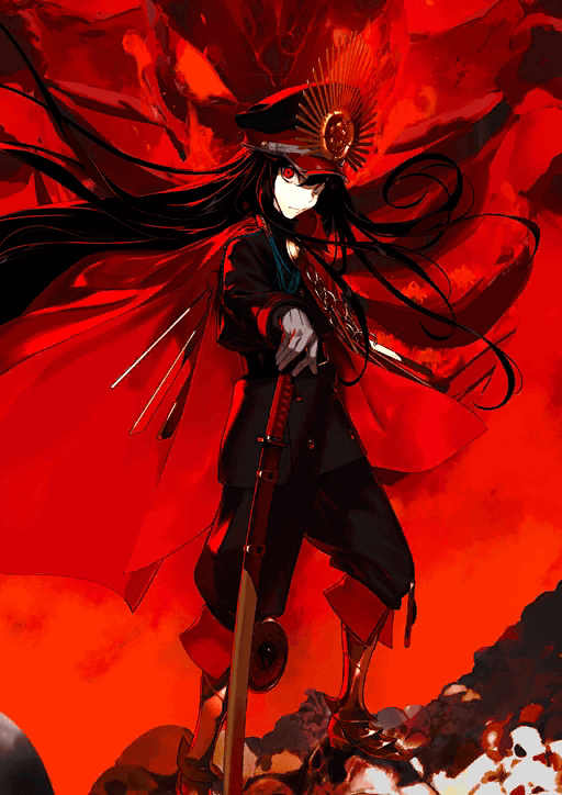 Illustration de la première ascension de la servante de Classe Avenger : Oda Nobunaga, déssinée par Pako et disponible dans le jeu "Fate/Grand Order".