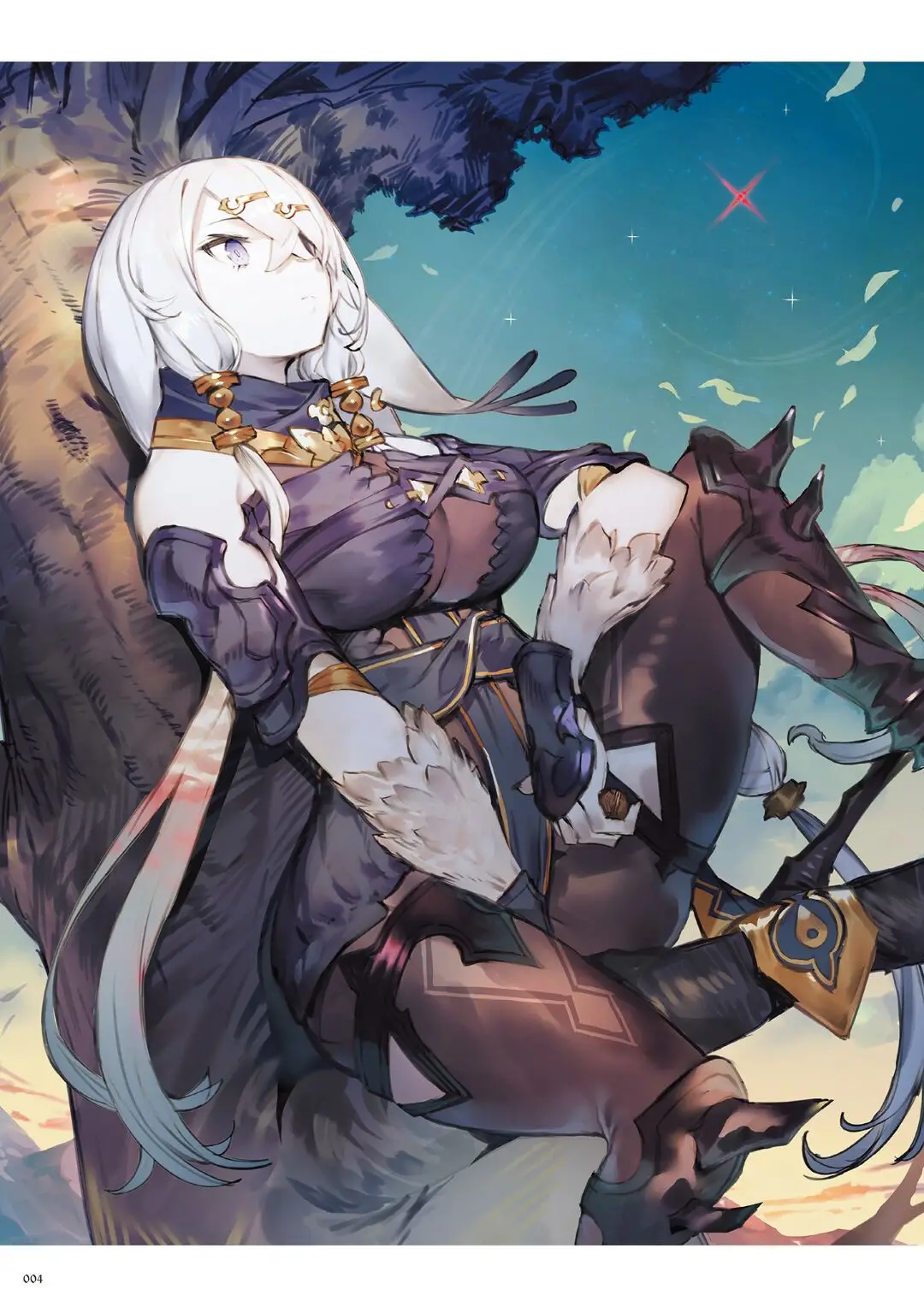 "Atelier Ryza: Ever Darkness & the Secret Hideout" : une illustration dessinée par Toridamono. On y retrouve Lila Decyrus, une guerrière de la race Oren, assise dans un arbre.