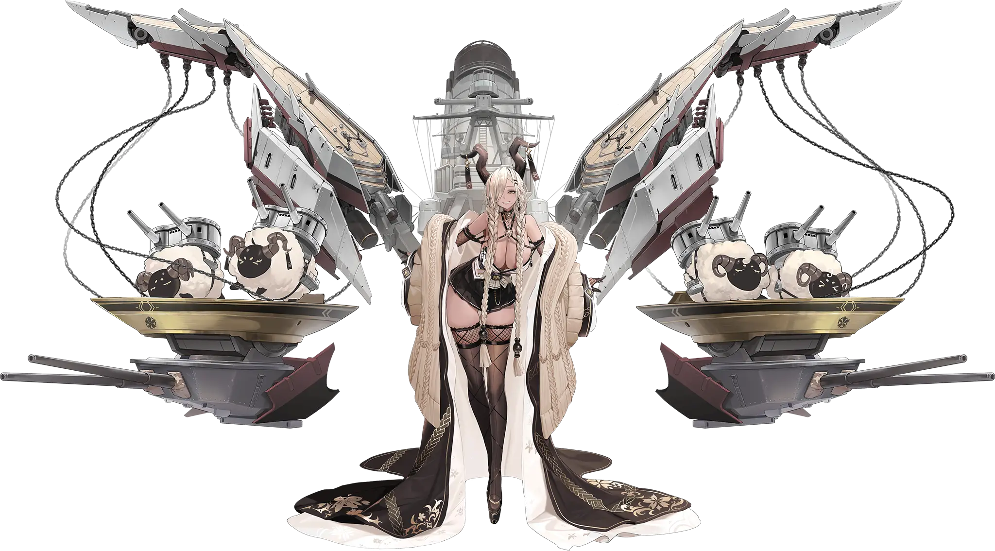 Illustration dessinée par Dishwasher1910, représentant le navire de guerre de classe Kii de la faction Sakura Empire du jeu "Azur Lane", Owari dans son skin original.