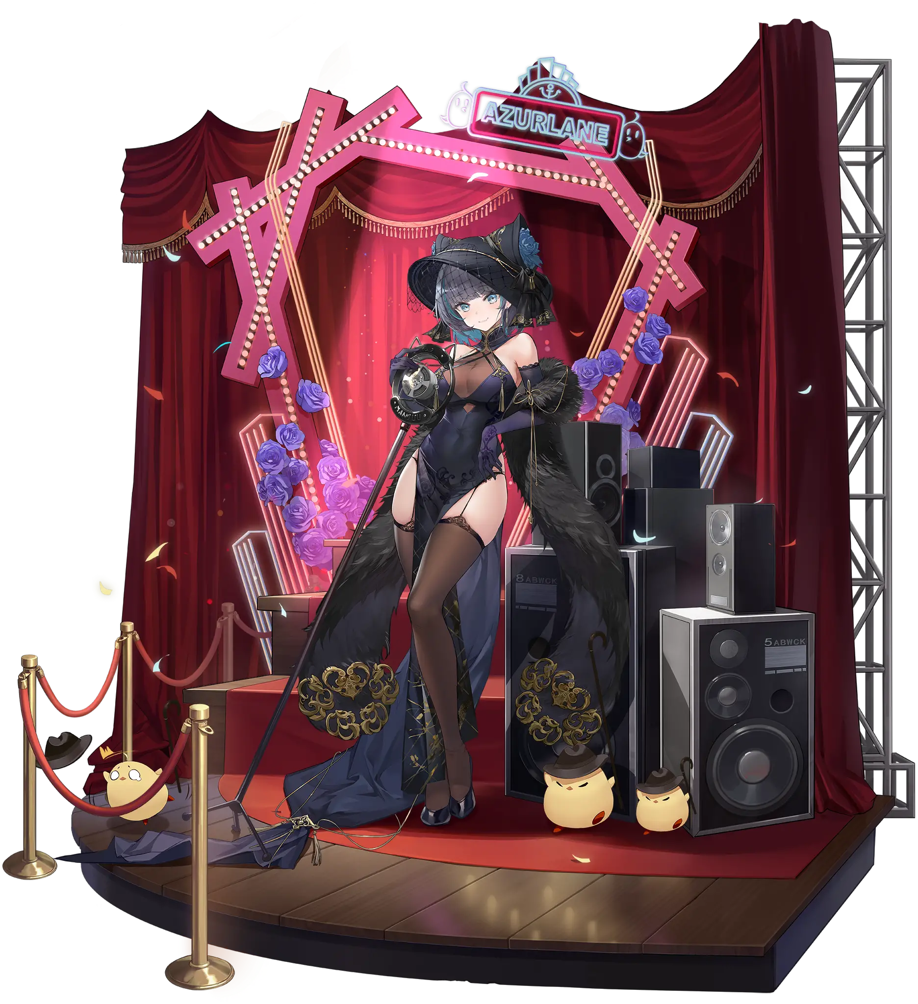 Illustration dessinée par 全班最菜嘤嘤嘤 (Zelda10010), représentant le Croiseur Lourd de la faction Royal Navy du jeu "Azur Lane", Cheshire dans son skin "Cait Sith Crooner".