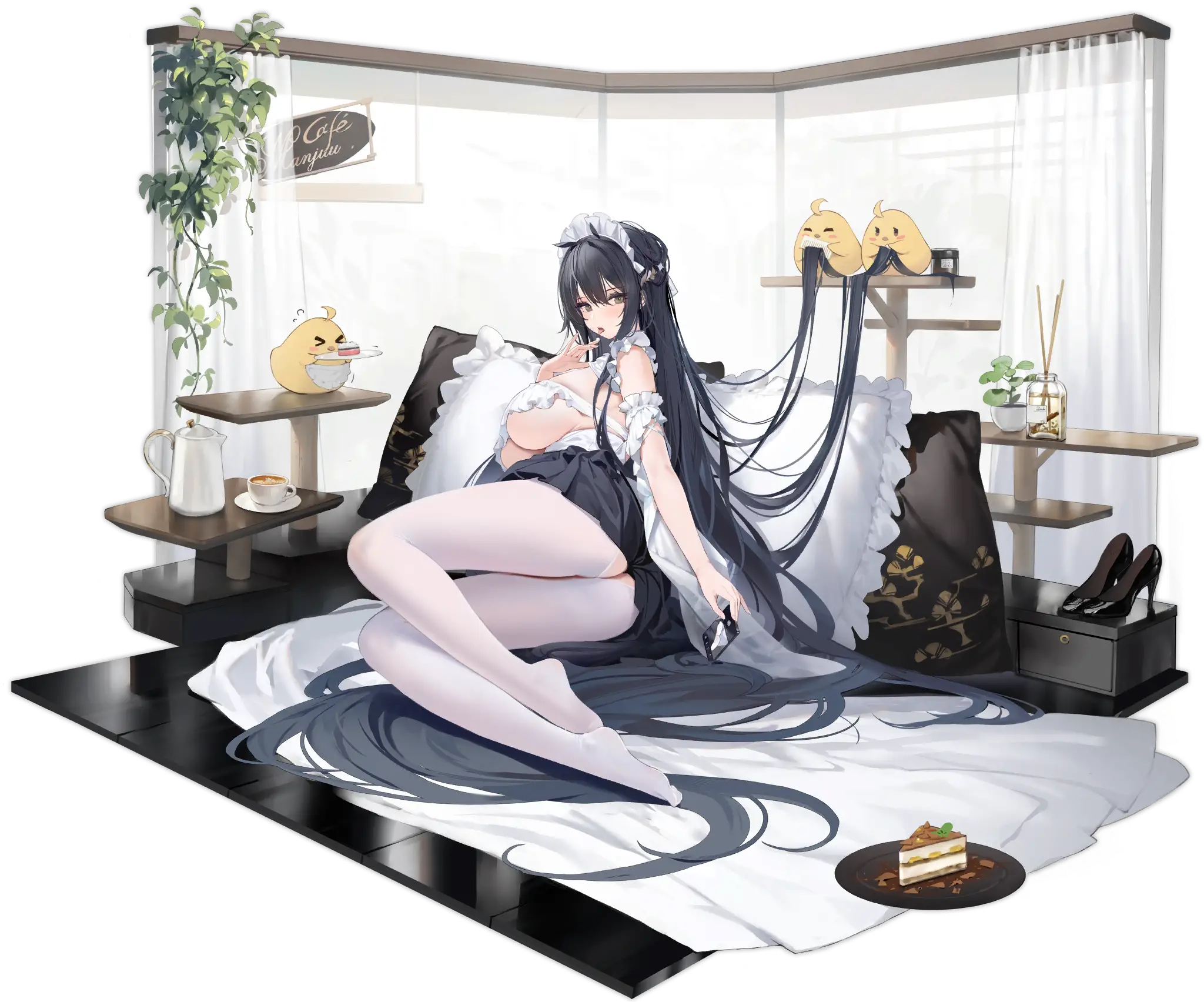 Illustration du Skin  Ms. Motivationless Maid du personnage d'Indomitable, le porte-avions de classe Illustrious la faction Royal Navy, disponible dans le jeu Azur Lane, dessinée par Kincora.
