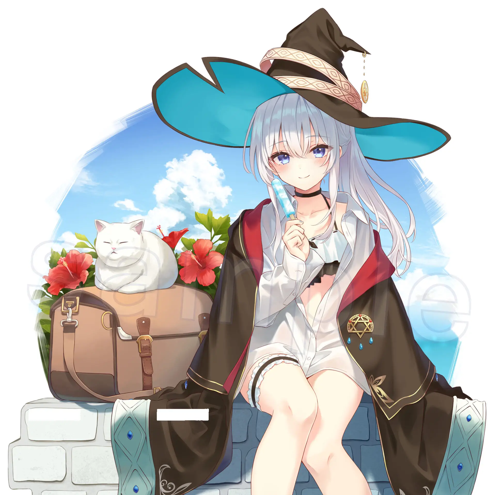 Illustration dessinée par Azure présentant la magicienne vagabonde de la licence "Majo no Tabitabi (Wandering Witch)", Elaina en mode vacance d'été.