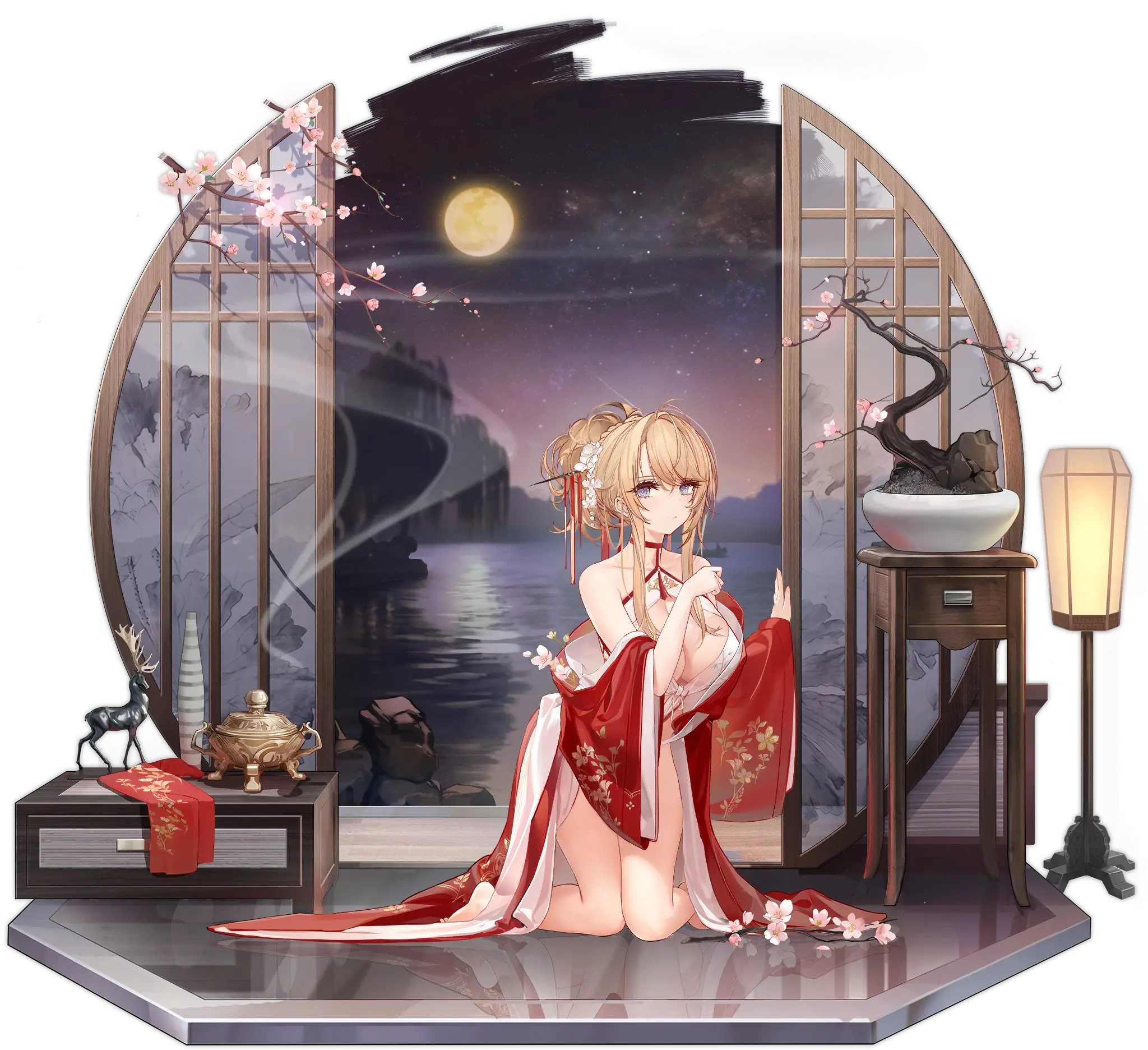 Illustration dessinée par Kincora, représentant le Porte-avions de la faction Royal Navy de classe Courageous du jeu "Azur Lane", Glorious dans son skin "Pungent Plum".