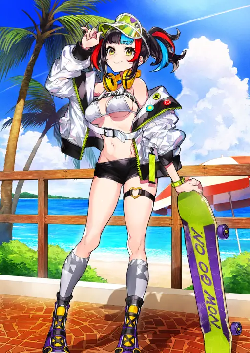 "Fate/Grand Order" : Illustration de la première ascension de la servante de Classe Berserker : Sei Shōnagon, dessinée par Mika Pikazo. Le personnage y est représenté son premier maillot de bain.