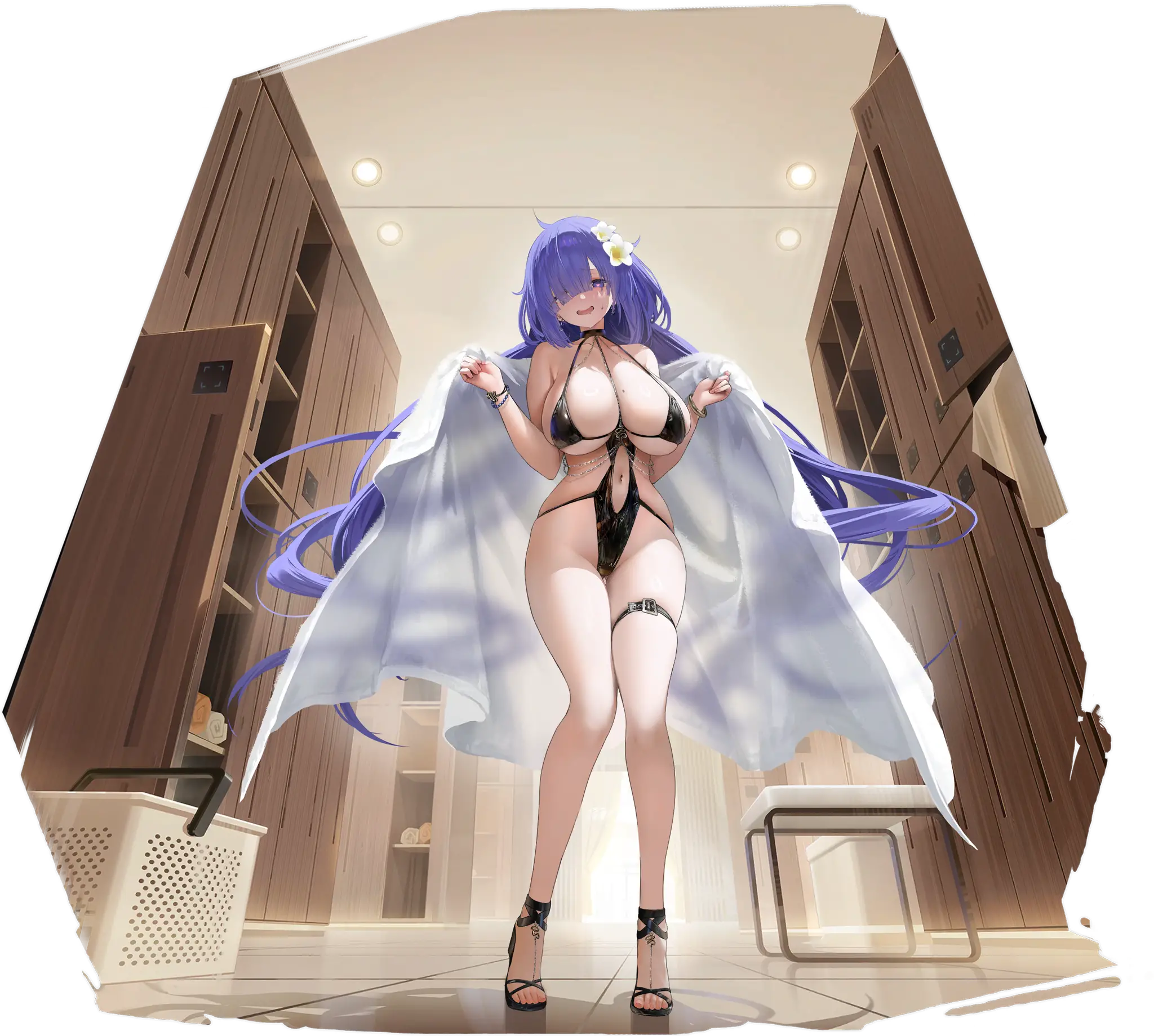 Illustration dessinée par ミモザ, représentant le Destroyer de la faction Vichya Dominion du jeu Azur Lane, Mogador dans son skin Locker Room Lechery.