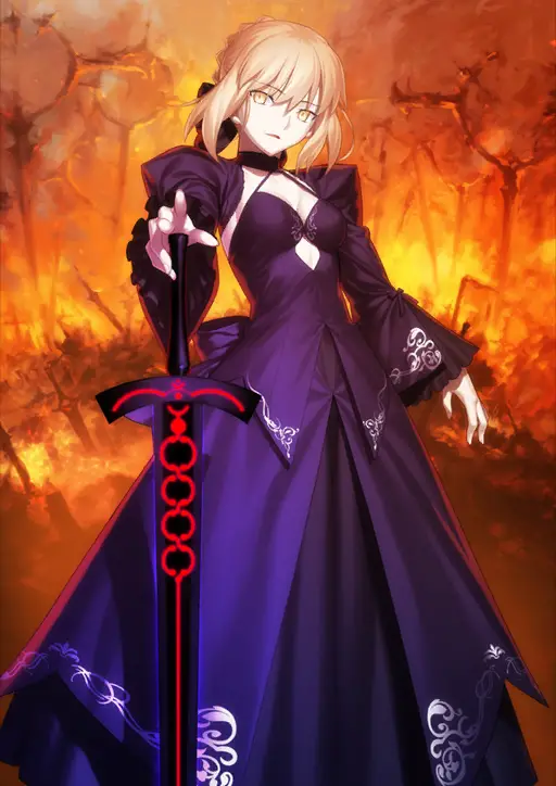 "Fate/Grand Order" : Illustration de la troisième ascension de la servante de Classe Saber : Altria Pendragon [Alter], dessinée par Takeuchi Takashi.