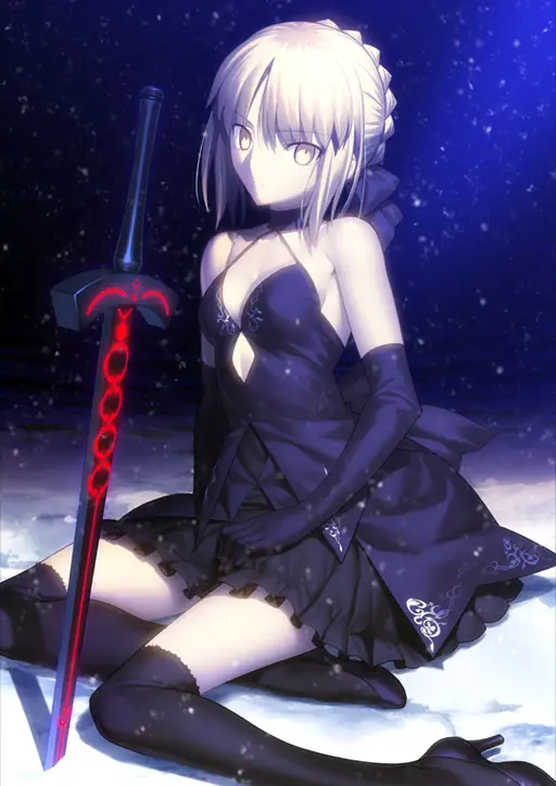 "Fate/Grand Order" : Illustration de la quatrième ascension de la servante de Classe Saber : Altria Pendragon [Alter], dessinée par Takeuchi Takashi.