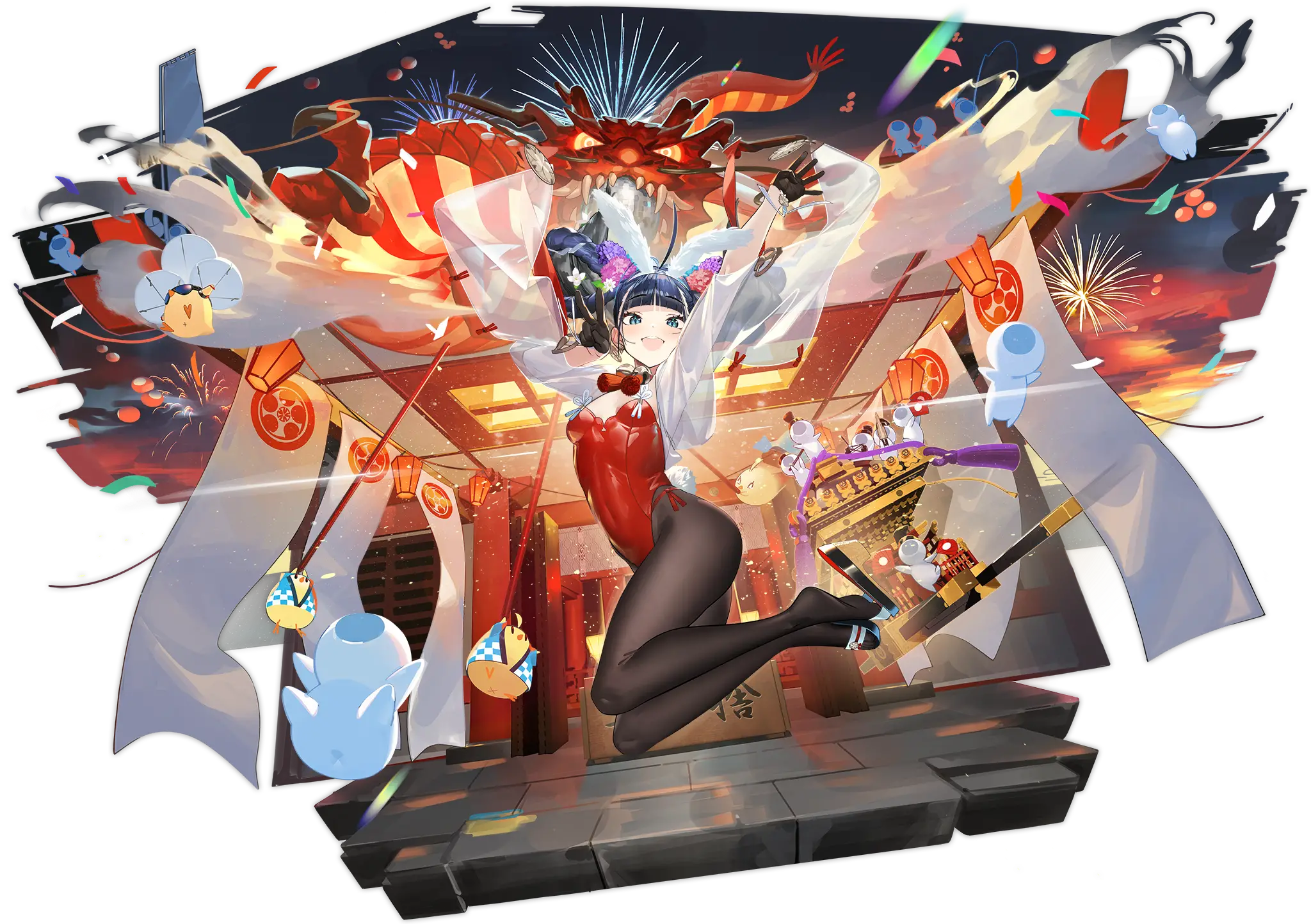 Illustration dessinée par 山×2 (@yamakakeru2), représentant le Porte-avions de classe Unryuu de la faction Sakura Empire du jeu Azur Lane, Katsuragi dans son skin "Night-Illuminating Festival".