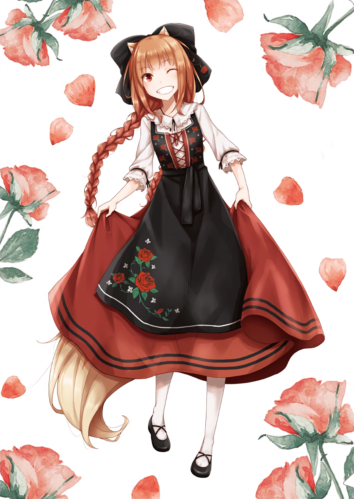 Illustration-Original-de-Spice-and-Wolf-dessinee-par-Juu-Ayakura-Presentant-Holo-dans-un-costume-traditionnel-dAlsace