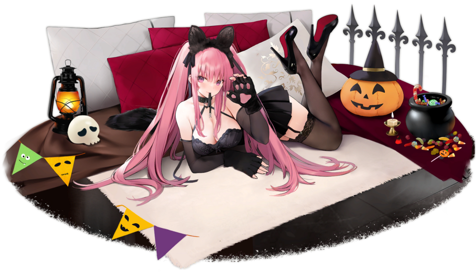 Illustration du skin Black Cat of All Hallows' Eve du croiseur l&eacute;ger de la faction Vichya Dominion : La Galissonni&egrave;re, dessin&eacute;e par Suisai