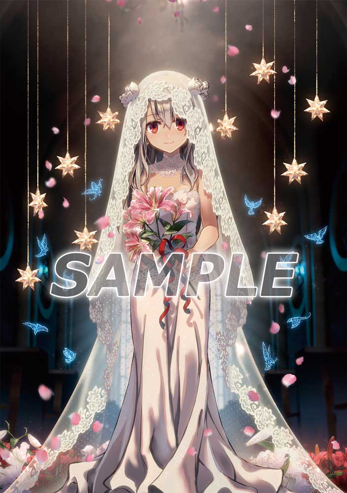 Illustration originale de l'artiste Hiroshi Hiroyama, qui pr&eacute;sente, tout droit sortie du film Fate/kaleid liner☆Prisma Illya: Licht - The Nameless Girl, Illyasviel von Einzbern habill&eacute;e d'une magnifique robe de mari&eacute;e