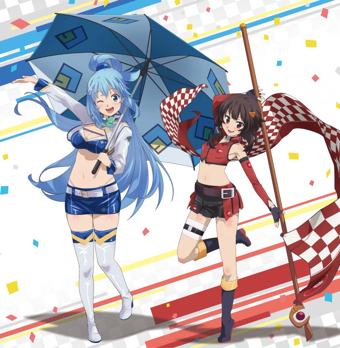 Illustration montrant la D&eacute;esse Aqua et l'Archimage Megumin en reine de course !
