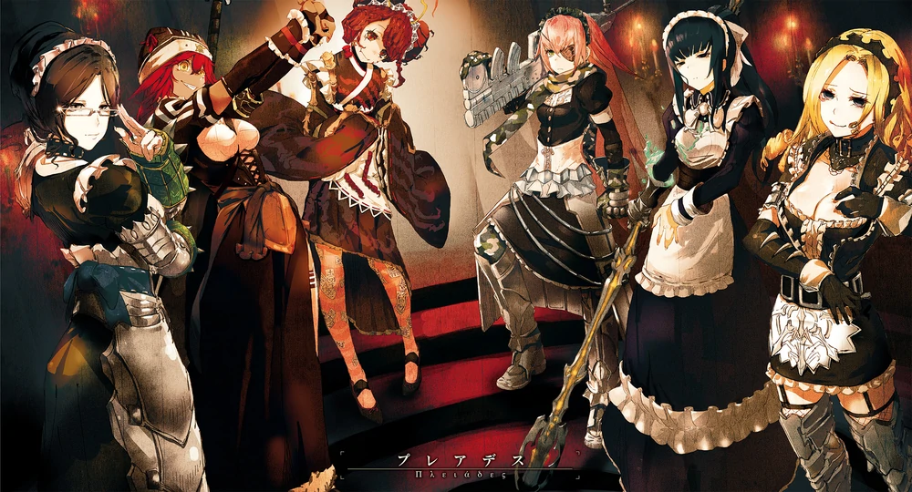 Illustration dessin&eacute;e par so-bin, Character Designer officiel d'Overlord, mettant en avant les 6 Pl&eacute;iades Yuri Alpha, Lupusregina Beta, Narberal Gamma, CZ2128 Delta, Solution Epsilon et Entoma Vasilissa Zeta
