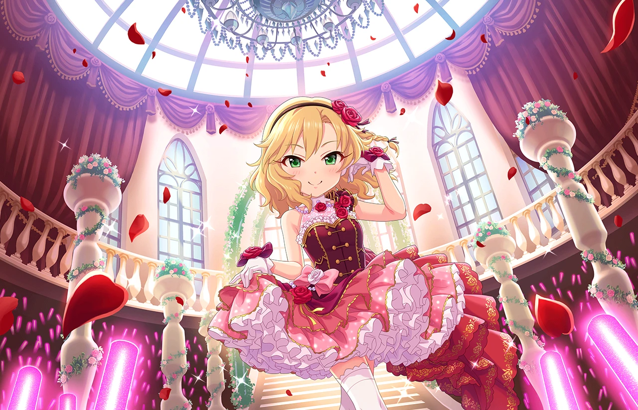 Illustration de Momoka Sakurai, habill&eacute;e de son costume de sc&egrave;ne Rose Fleur