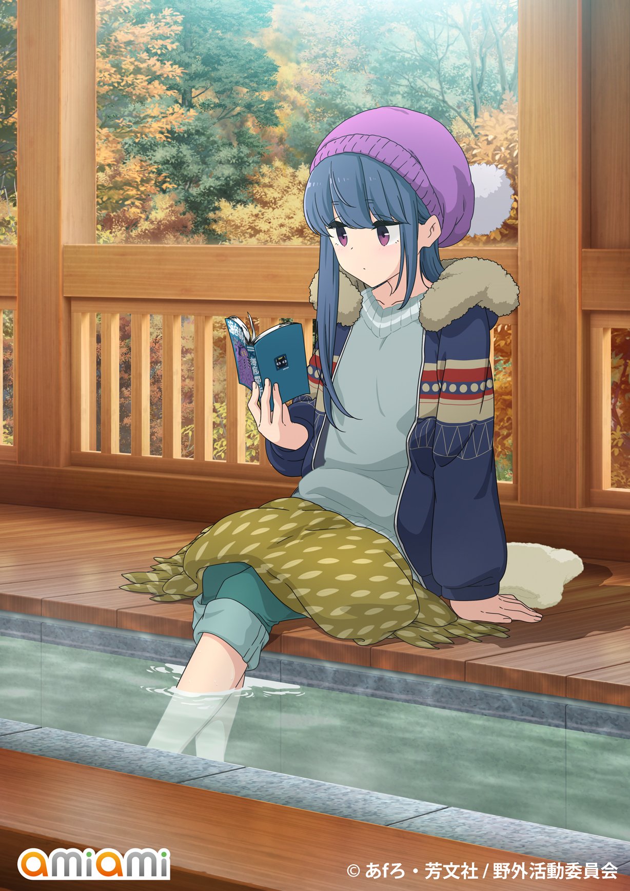 Illustration originale montrant Rin Shima se pr&eacute;lassant dans un ashiyu (bain de pieds japonais rempli d'eau de source g&eacute;othermique)