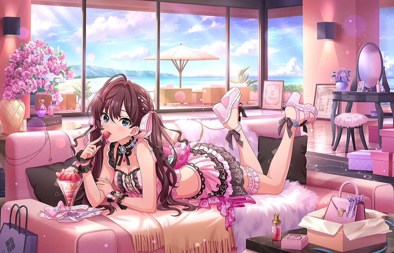 Illustration de la carte SSR [Dolce Puella]+ de l'idole Shiki Ichinose, apparaissant dans le jeu mobile 