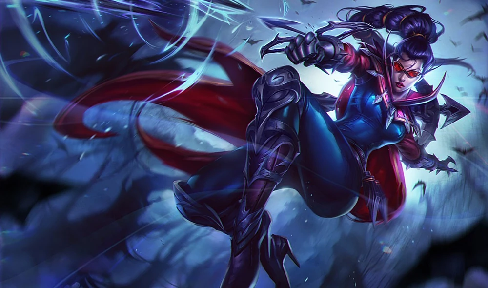 Illustration du skin originale du personnage de Vayne la Chasseresse Nocturne (The Night Hunter), disponible dans le plus populaire des jeux 