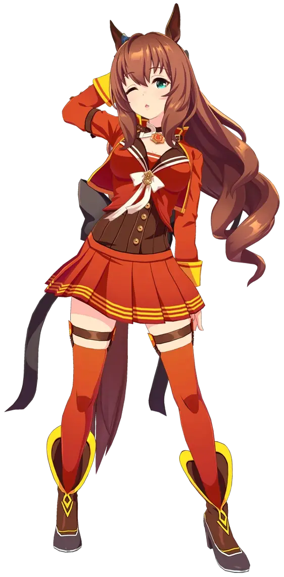 Uma Musume Pretty Derby, illustration de Maruzensky habill&eacute;e de sa tenue de course Rouge Formula.